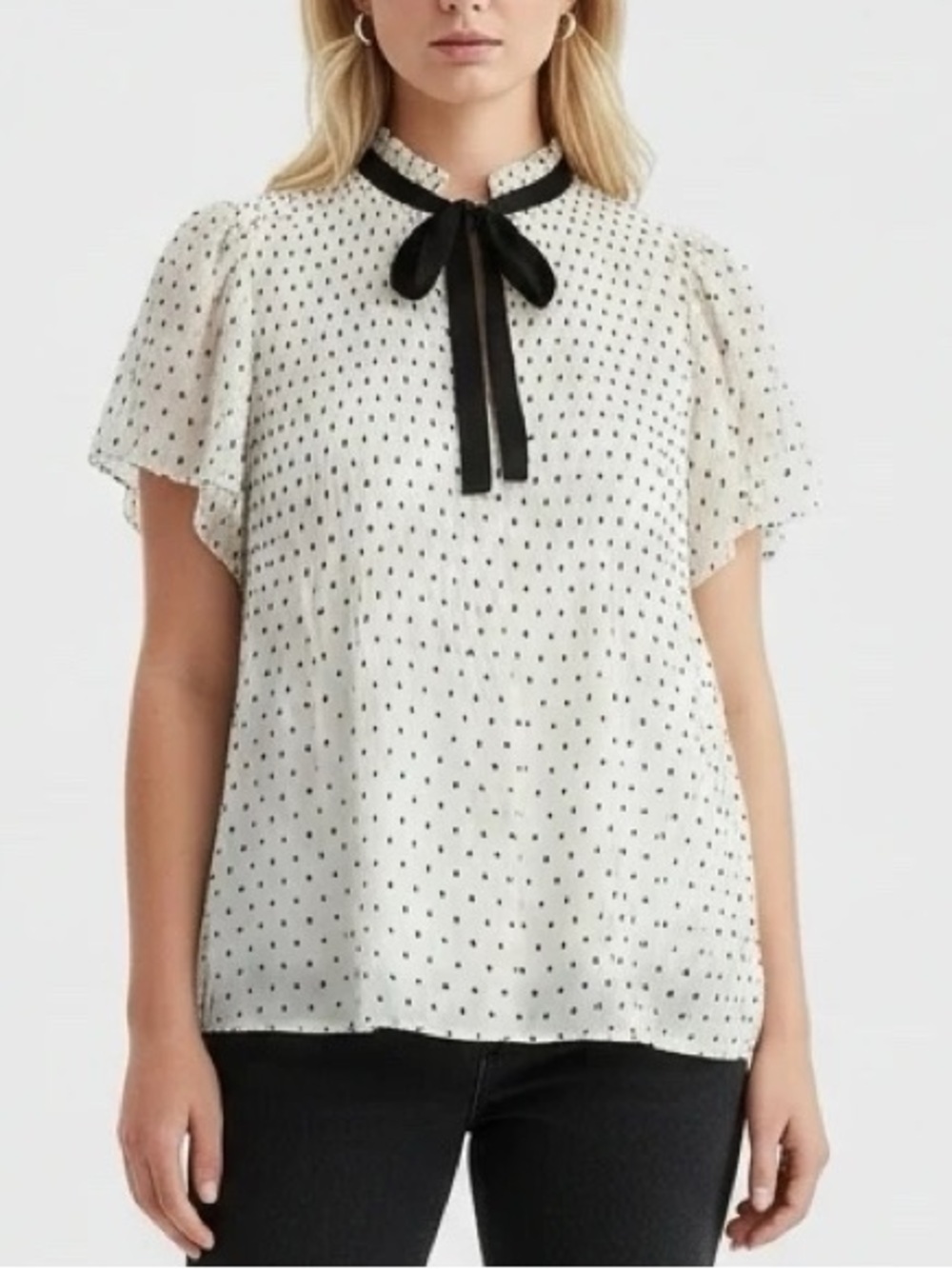 Max Studio Cream & Black Tie Neck Blouse